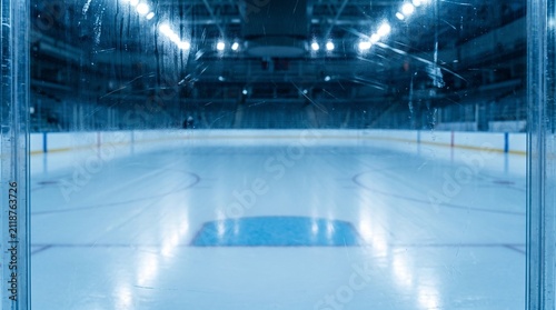Empty Professional Ice Hockey Arena Viewed Through Protective Glass