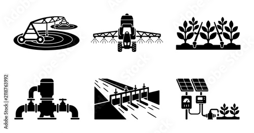 Cuadro en lienzo Agricultural Technology Icons: Irrigation Systems, Tractors, Farming Equipment,