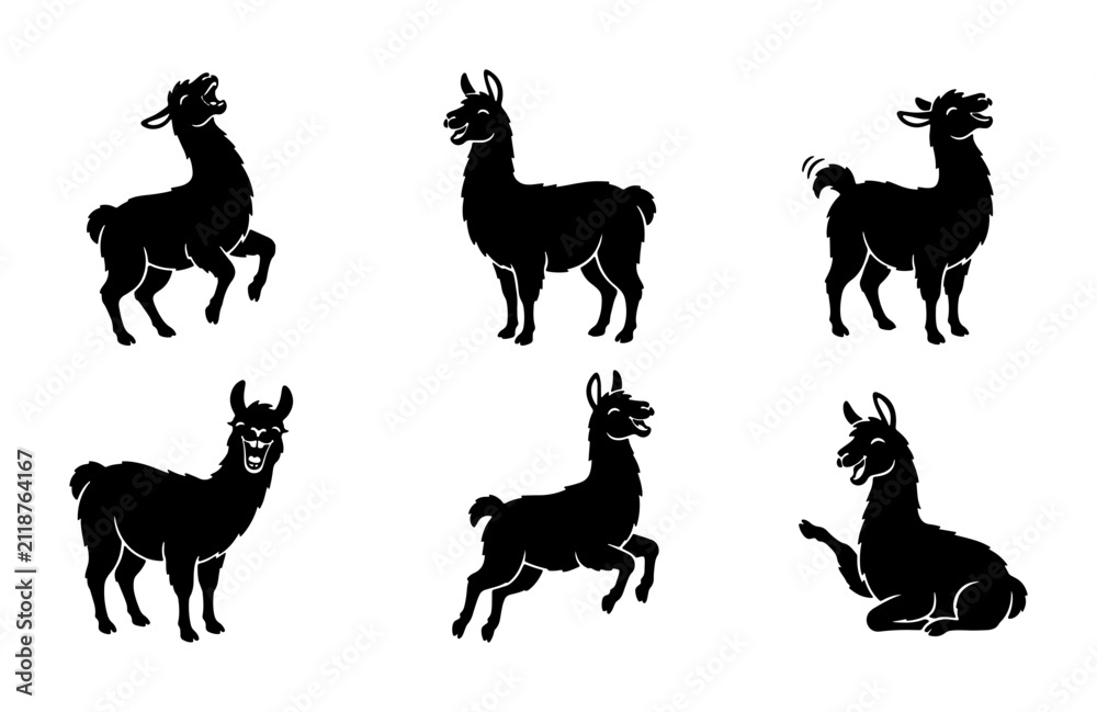 Obraz premium Set of 6 Black Llama Silhouettes, Vector Icons for Animal Graphics, Cute Farm Mammal Poses, South American Camelid Illustrations
