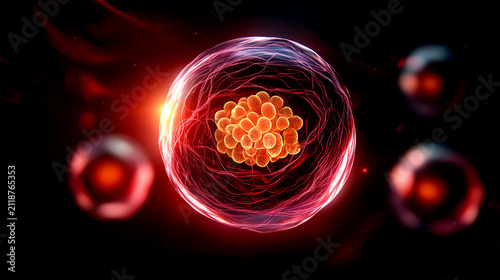 Microscopic view of a glowing cell with a nucleus