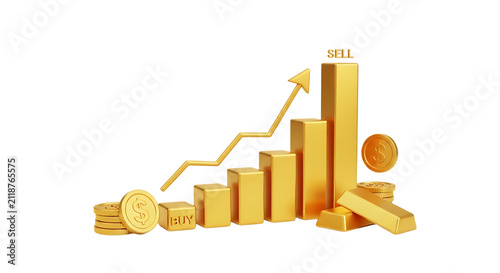 Gold coins and bars with increasing growth bar chart illustration isolated on transparent background