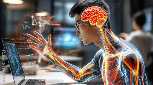 Young male researcher interacting with a glowing human body and brain hologram