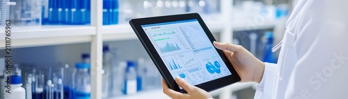 Doctor using a digital tablet with medical charts and data analytics
