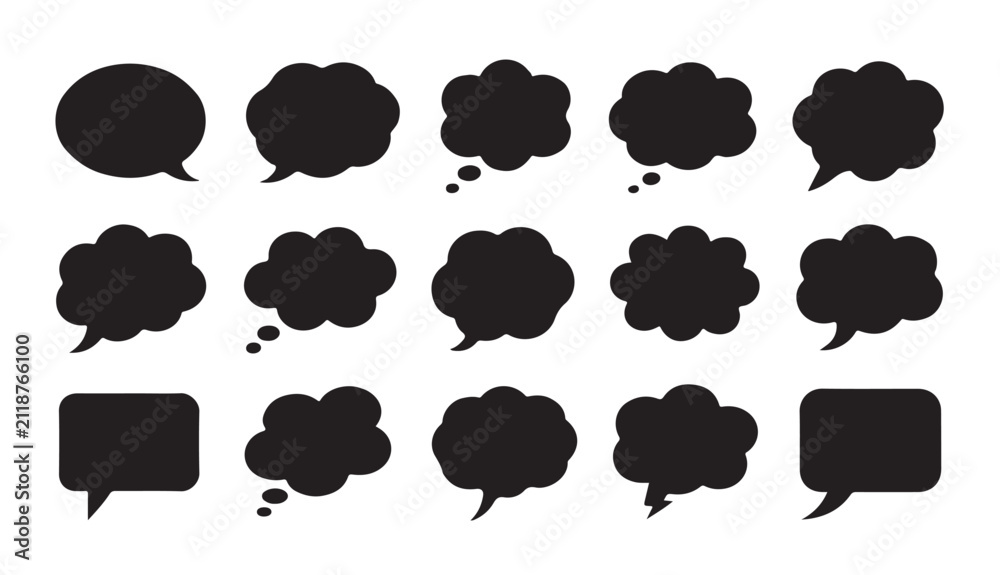 Obraz premium Set of black speech bubbles isolated on transparent background, different shapes communication icons.