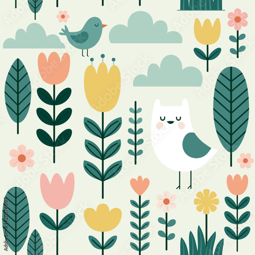 Cute Scandinavian Bird and Tulip Seamless Spring Vector Pattern