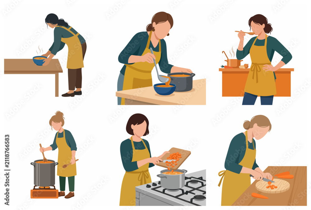 Fototapeta premium Collection of flat vector illustrations featuring women in aprons cooking, preparing soup, cutting vegetables, and tasting food in the kitchen.