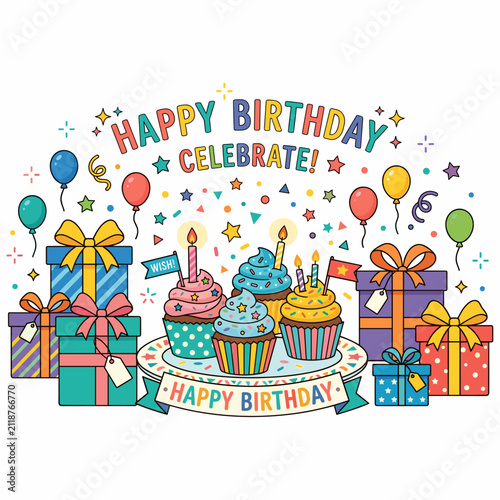 A vibrant cartoon illustration of birthday cupcakes, colorful gift boxes, balloons, and confetti, with 