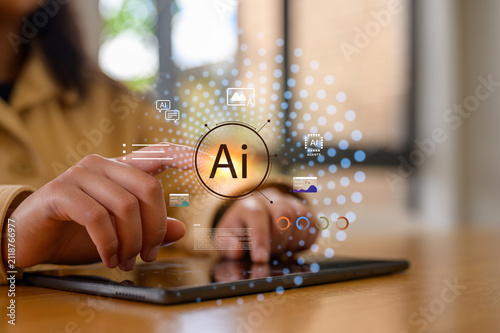 Ai concept, Young woman hand holding ai icons in Digital transformation technology strategy internet of things. transformation of ideas and the adoption of technology in business in the digital age