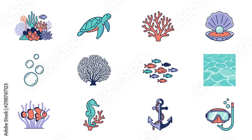 Fotografie Marine life and underwater exploration icons depict aquatic creatures and diving gear for ocean enthusiasts