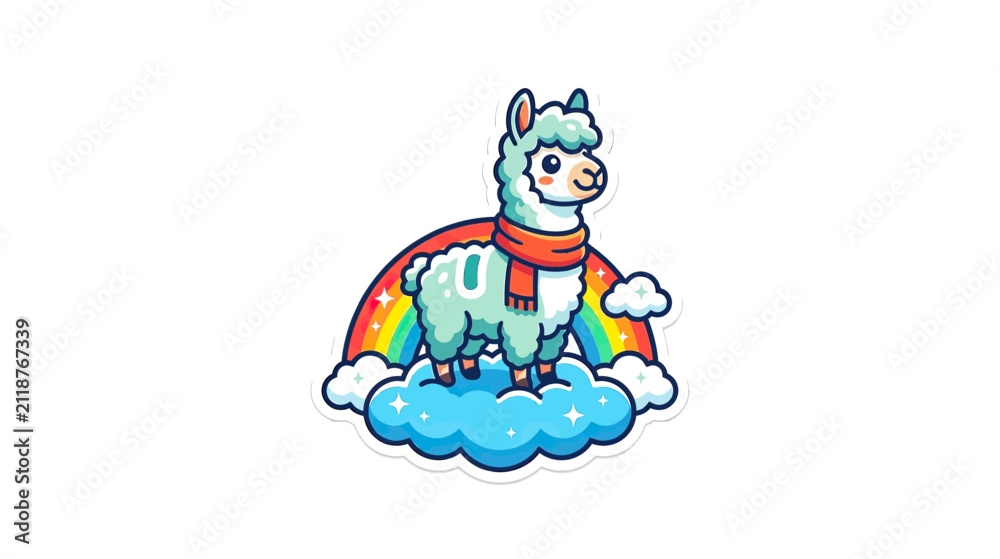 Obraz premium Cute Alpaca Standing on Cloud with Rainbow