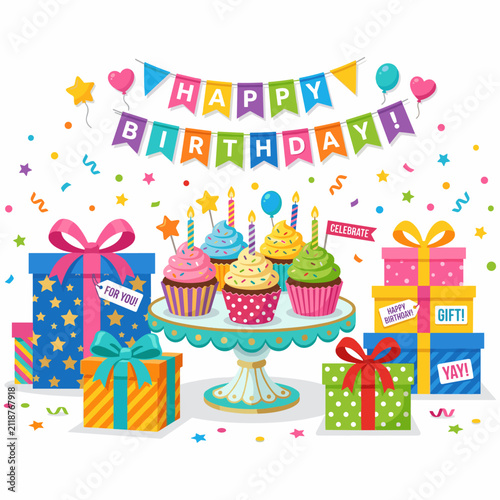 Vibrant illustration of a happy birthday party with presents, sweets, confetti, and a colorful 'Happy Birthday' banner.