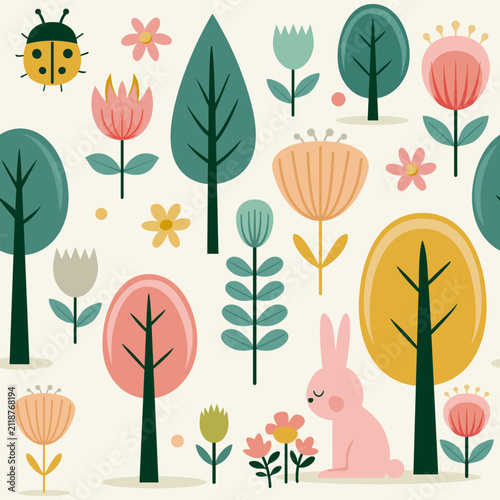 Scandinavian Woodland Bunny and Trees Seamless Spring Vector Pattern