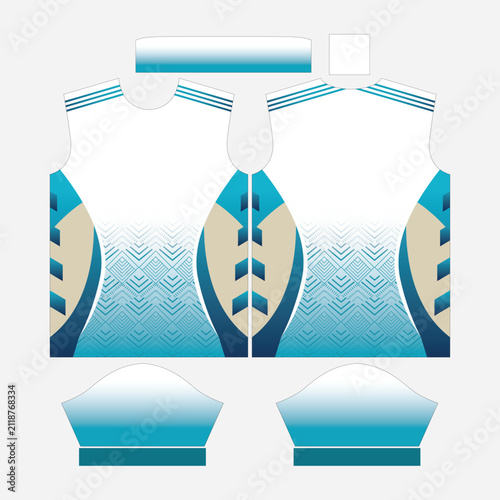 Abstract White and Cyan Blue Sports Jersey Template with Geometric Diamond Chevron Gradient and Curved Side Accent Panels for Sublimation Apparel Printing Vector Illustration