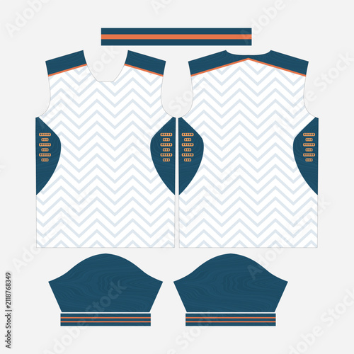 Abstract White and Navy Blue Sports Jersey Template with Chevron Zigzag Texture and Orange Accents for Sublimation Apparel Printing Vector Illustration