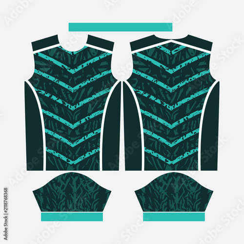Abstract Dark Teal and Cyan Sports Jersey Template with Chevron Distress Texture and Dynamic Side Panels for Sublimation Apparel Printing Vector Illustration
