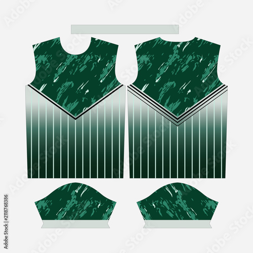 Abstract Dark Green Sports Jersey Template with Marble Camouflage Texture and V-Shaped Gradient Vertical Stripes for Sublimation Apparel Printing Vector Illustration