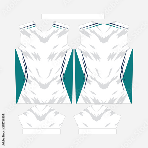 Abstract White and Teal Sports Jersey Template with Ice Geometric Camouflage and Dynamic Sharp Side Shapes for Sublimation Apparel Printing Vector Illustration