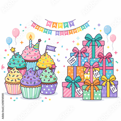 Vibrant birthday celebration illustration with colorful cupcakes, festive gifts, balloons, and a 'Happy Birthday' banner, perfect for party themes.