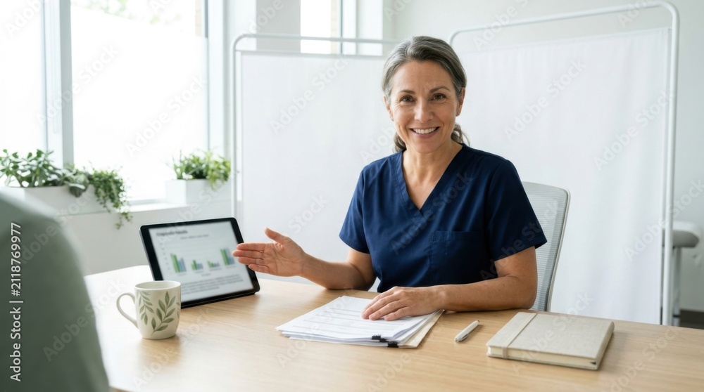 Fototapeta premium Professional Medical Consultation With Digital Data Presentation And Positive Patient Interaction
