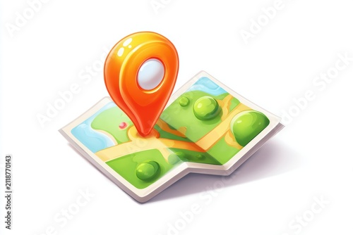 Location Pin on Map: A vibrant 3D illustration shows an orange location pin marking a point on a folded, stylized map with green landscapes and blue water.