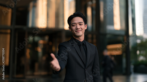 A confident businessman in a black suit offers a handshake outside a modern office building, embodying professionalism and approachability.