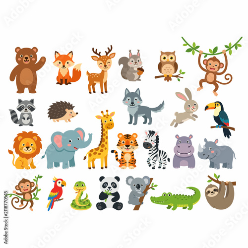Photography A large collection of cute cartoon wild animals including forest, jungle, and safari creatures, perfect for children's illustrations and educational materials