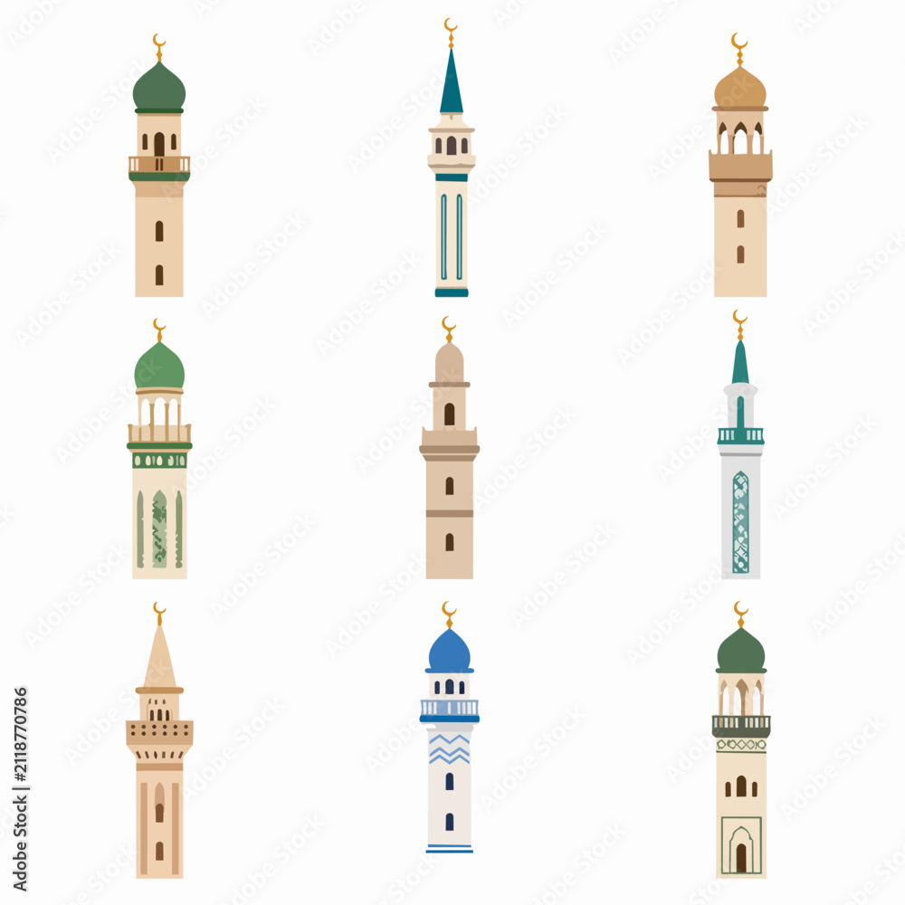 Obraz premium Vector illustration set of nine different Islamic minaret towers isolated on white.