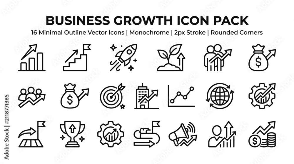 Fototapeta premium Minimal monochrome vector line icons set for business growth, financial success, and corporate strategy concepts, featuring charts, rockets, and progress symbols