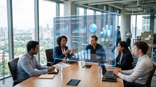 Business Team Analyzing Holographic Charts in Meeting Room, Corporate Performance Analytics, Financial Growth Data, Strategic Planning Session, Modern Office Environment