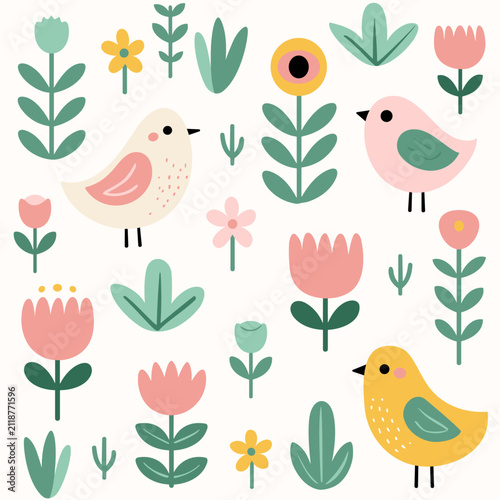 Scandinavian Spring Birds Seamless Vector Pattern with Flowers and Botanical Elements