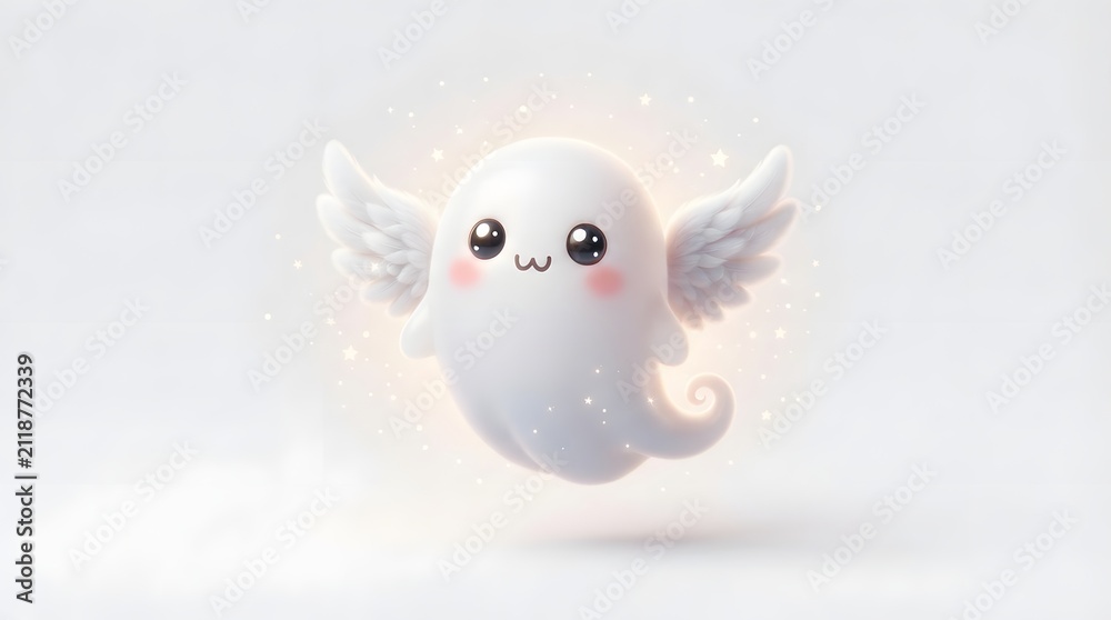 Obraz premium Adorable 3d ghost angel character with wings and sparkles isolated on white background