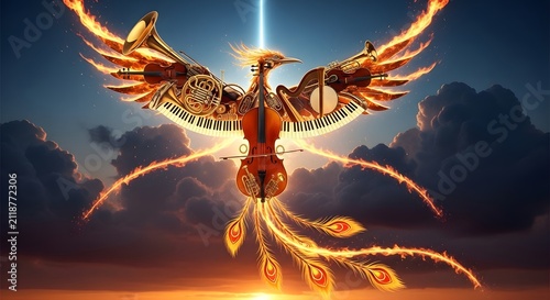Fiery musical phoenix bird made of instruments and piano keys flying in a dramatic sky at sunset