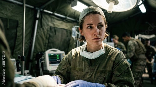 Female military medic wearing surgical mask and gloves performs medical procedures inside a field hospital tent with medical equipment and personnel in the background