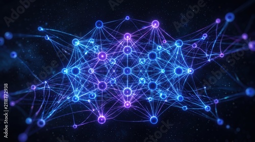 Abstract visualization of an artificial neural network with glowing nodes and connections, representing deep learning algorithms, machine intelligence, and complex data processing