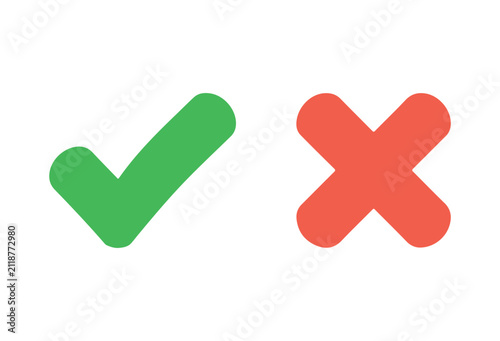 Green check mark and red cross mark icons isolated on white background. Checkmark tick and X mark symbols for yes or no, right or wrong, accept or reject vector illustration.