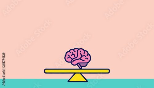 Картината върху платно Human brain balancing on a yellow see-saw scale illustration for mental health,