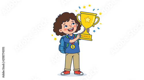 Excited school boy holding a golden trophy cup, proud of his achievement and success, vector illustration