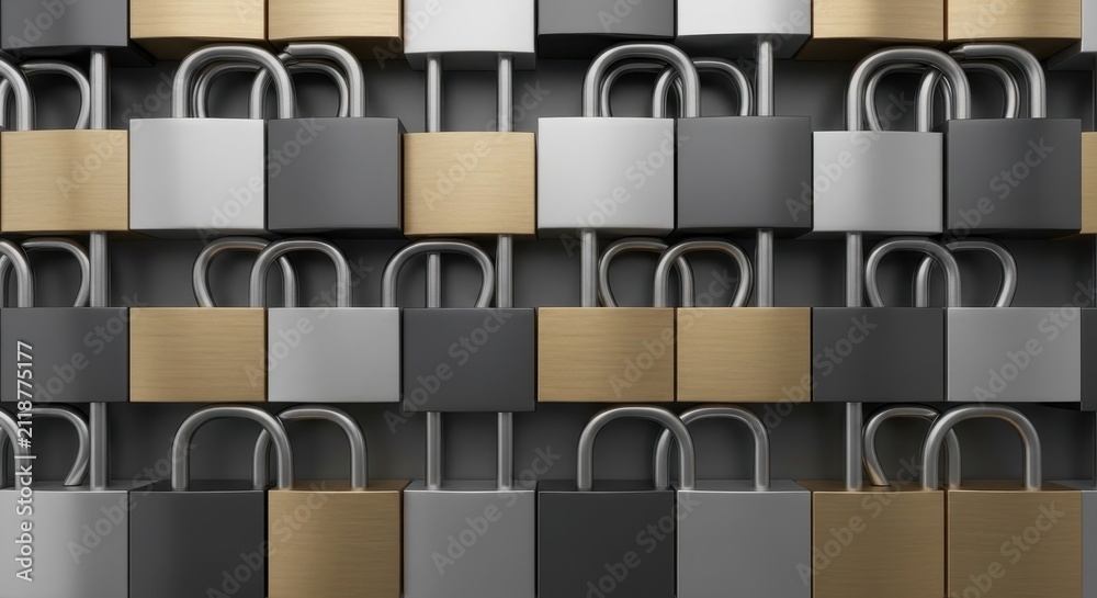 Obraz premium Numerous strong modern interlocking padlocks, featuring metallic and brushed brass-textured bodies, rendered in a clean 3D graphic style and meticulously arranged closely in a seamless, repetitive