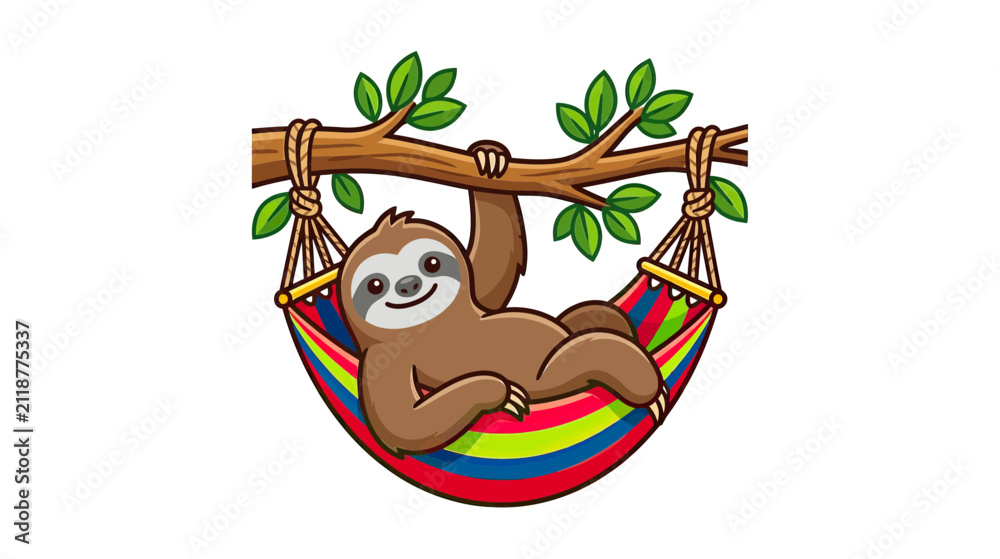 Obraz premium Cute Sloth Relaxing in Colorful Hammock on Tree Branch