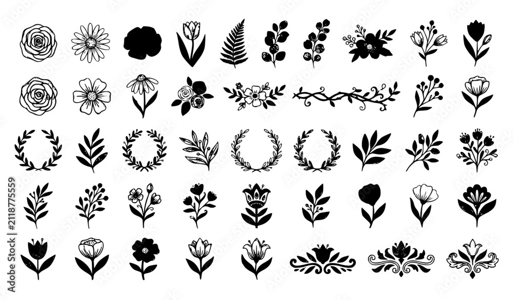 Fototapeta premium Black Silhouette Roses and Leaves Collection Isolated on White Background Vector Illustration
