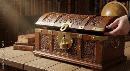 An ornate antique polished dark wood treasure chest, richly decorated with intricate floral carvings and shiny brass hardware, being carefully opened by a human hand, set in a warm, dusty sunlit