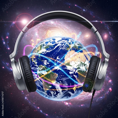 Global music connection concept headphones over Earth with glowing musical notes and cosmic background