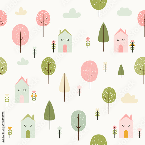 Scandinavian Village Seamless Vector Pattern with Nordic Houses Trees and Flowers