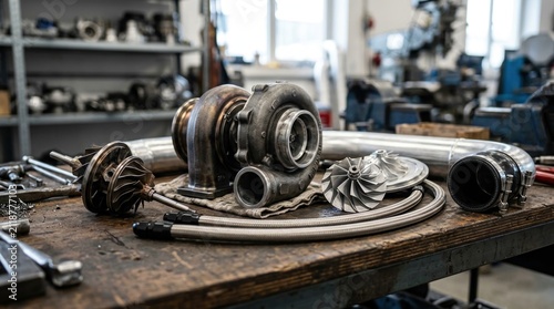 Turbocharger components, braided oil lines, and intercooler piping arranged on a workbench for forced induction and performance engineering.