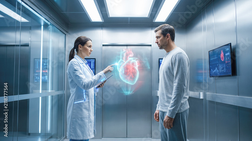 Cardiologist showing glowing transparent three dimensional heart hologram to male patient standing inside metallic elevator during contemporary high tech clinic visit