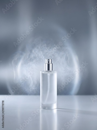 Minimalist perfume bottle spraying fine mist in a glowing light setting.