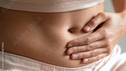 Close-up of a person holding their abdomen, representing abdominal discomfort or wellness, emphasizing the importance of self-care.