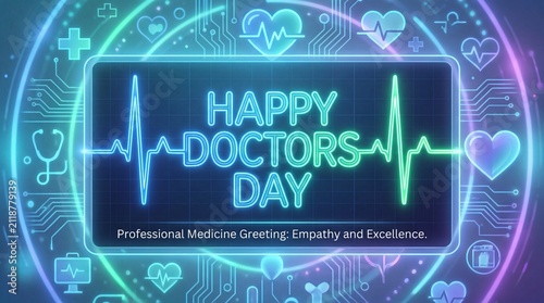 Digital healthcare cardiology electrocardiogram forming Happy Doctors Day celebration text. Professional medicine greeting message with empathy and excellence glowing loop animation background