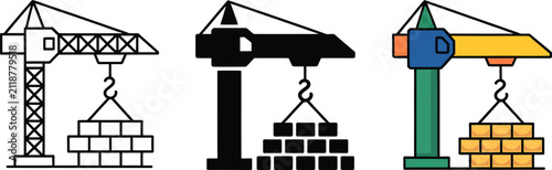 Industrial tower crane vector icons with lifting hook and stacked concrete block loads