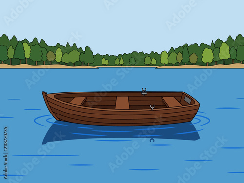 Foto Wooden Rowboat on Calm Lake Forest Background Cartoon Illustration